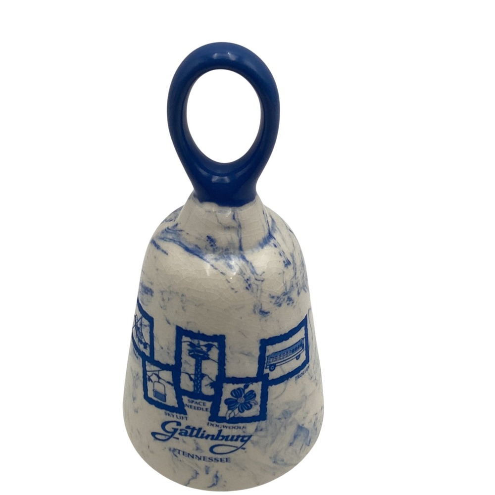 Vintage Gatlinburg Tennessee Souvenir Bell Blue White‎ Marble Ceramic